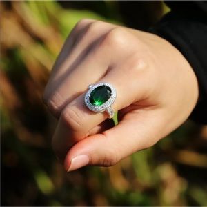Ring Silver Simulated Large Oval Emerald and CZ Halo Fashion Sz 6